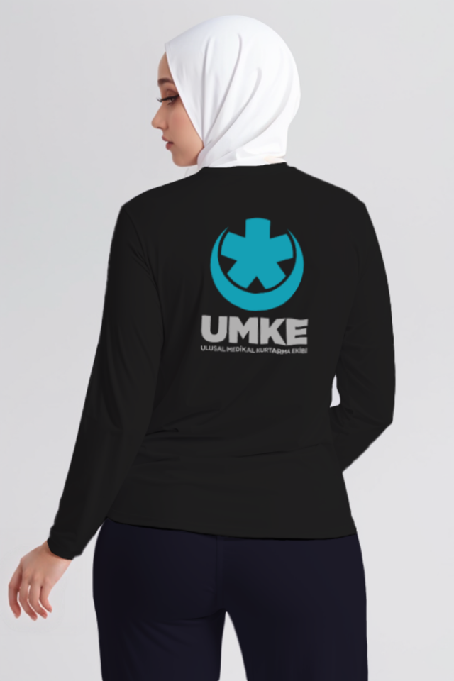 Siyah UMKE Bisiklet Yaka Uzun Kollu Penye Tişört Unisex