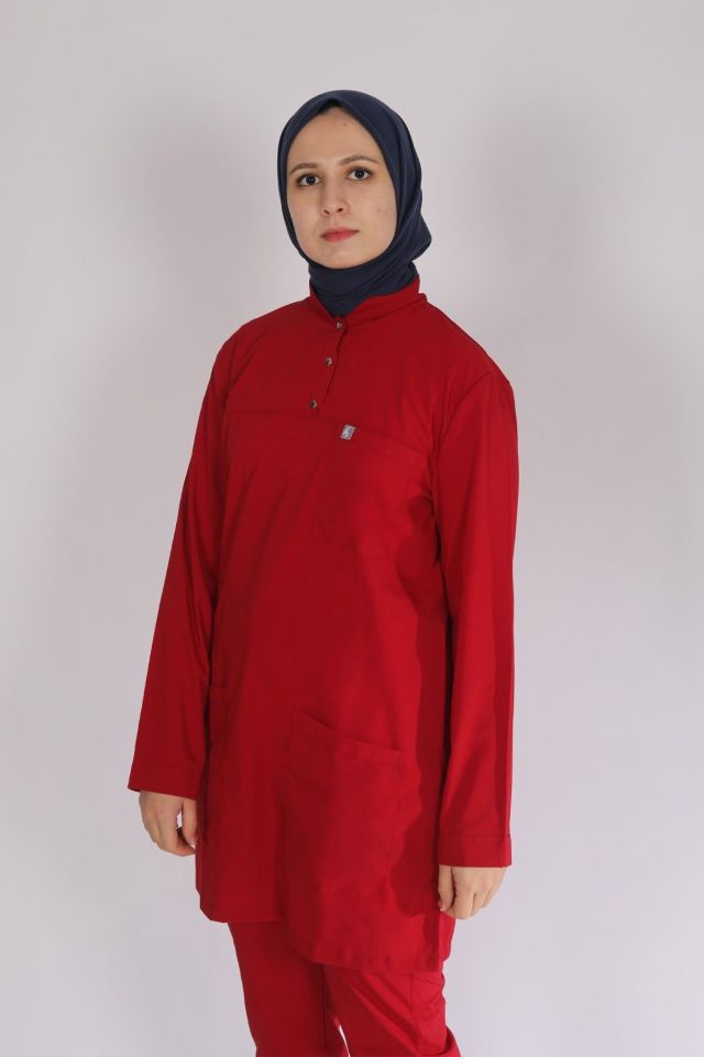 Kırmızı Likralı Tesettür Scrubs Doktor Hemşire Forması Takım L