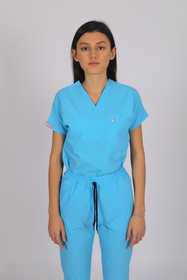Bebe Mavi Likralı Scrubs Doktor Hemşire Forması Yarasa Kol Tek Üst Unisex XXS