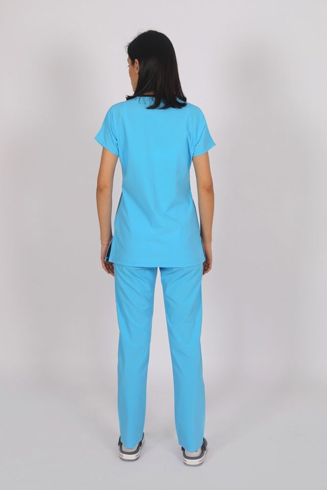 Bebe Mavi Likralı Scrubs Doktor Hemşire Forması Yarasa Kol Tek Üst Unisex M