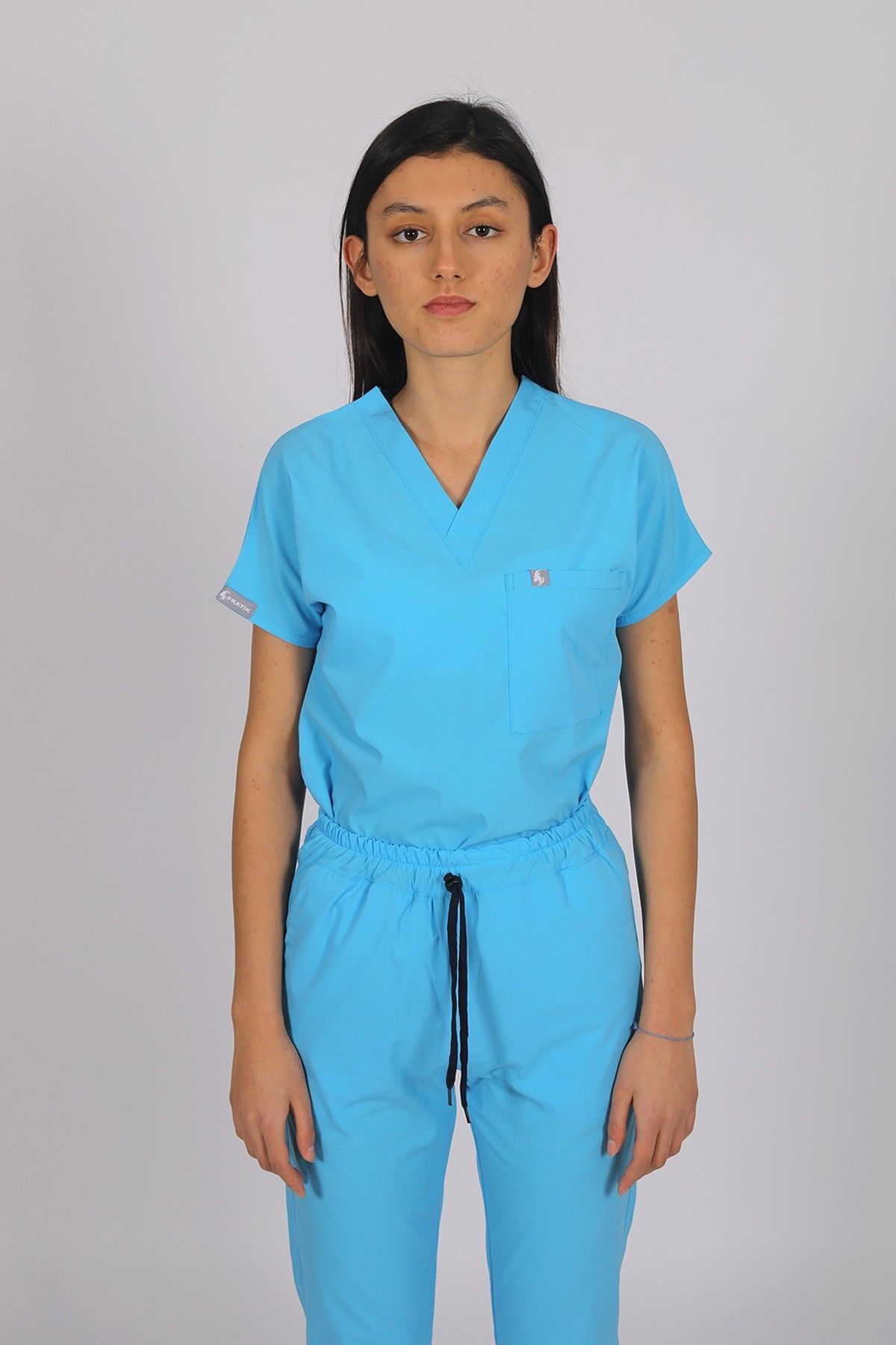 Bebe Mavi Likralı Scrubs Doktor Hemşire Forması Yarasa Kol Tek Üst Unisex XXL