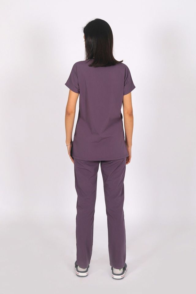 Mürdüm Likralı Scrubs Doktor Hemşire Forması Yarasa Kol Tek Üst Unisex XS