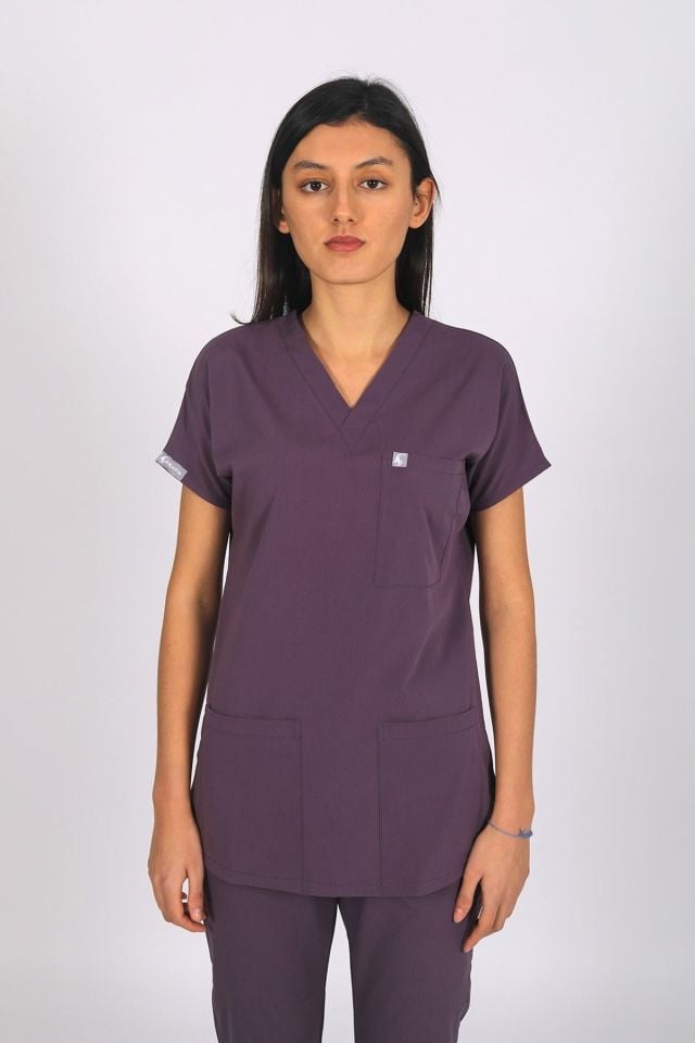 Mürdüm Likralı Scrubs Doktor Hemşire Forması Yarasa Kol Tek Üst Unisex M