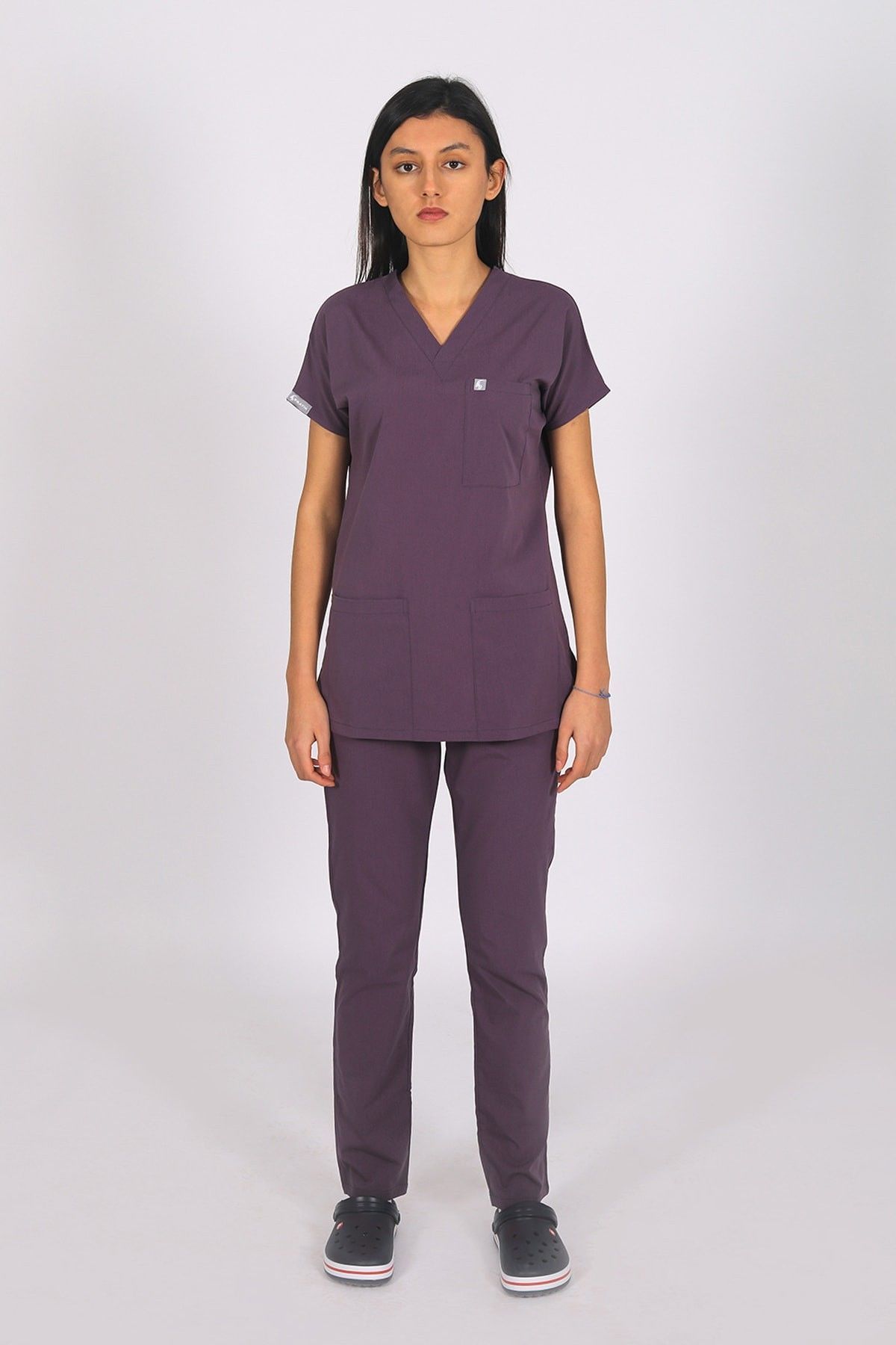 Mürdüm Likralı Scrubs Doktor Hemşire Forması Yarasa Kol Tek Üst Unisex L