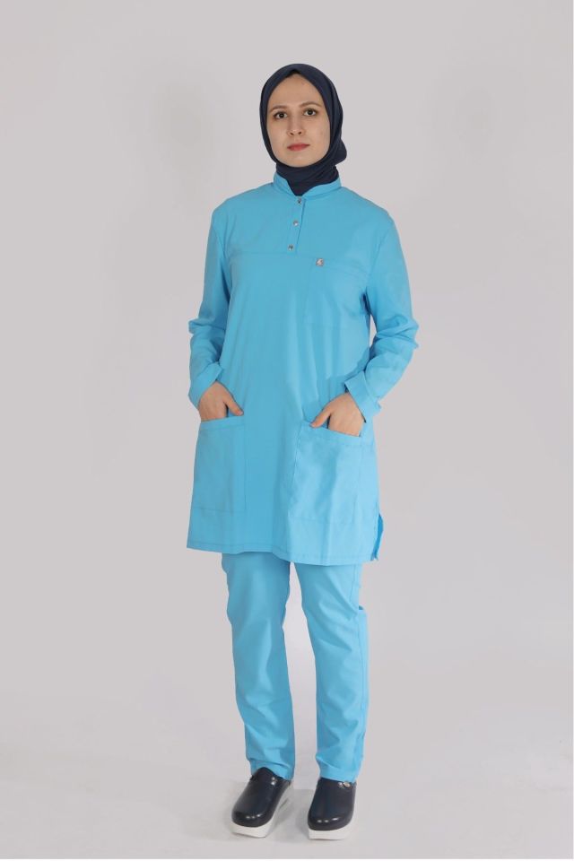 Bebe Mavi Likralı Tesettür Scrubs Doktor Hemşire Forması Takım 2XL