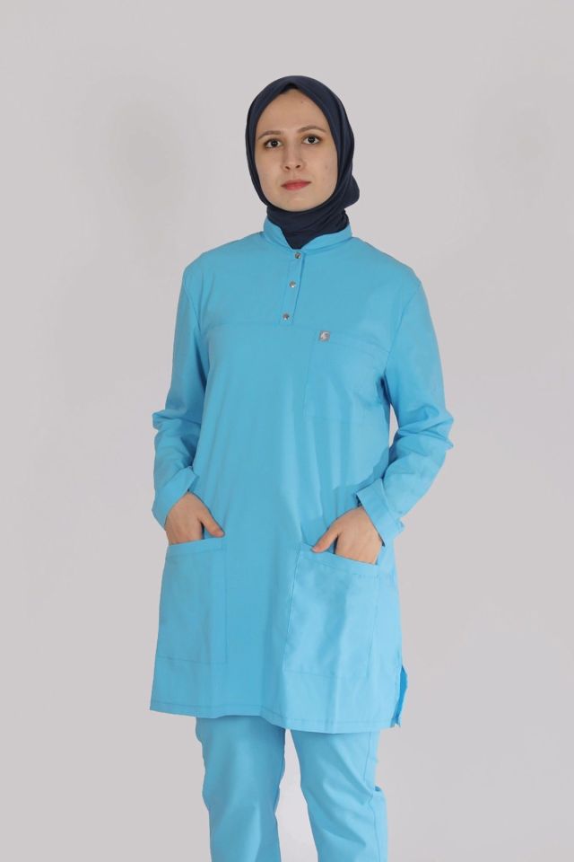Bebe Mavi Likralı Tesettür Scrubs Doktor Hemşire Forması Takım 2XL
