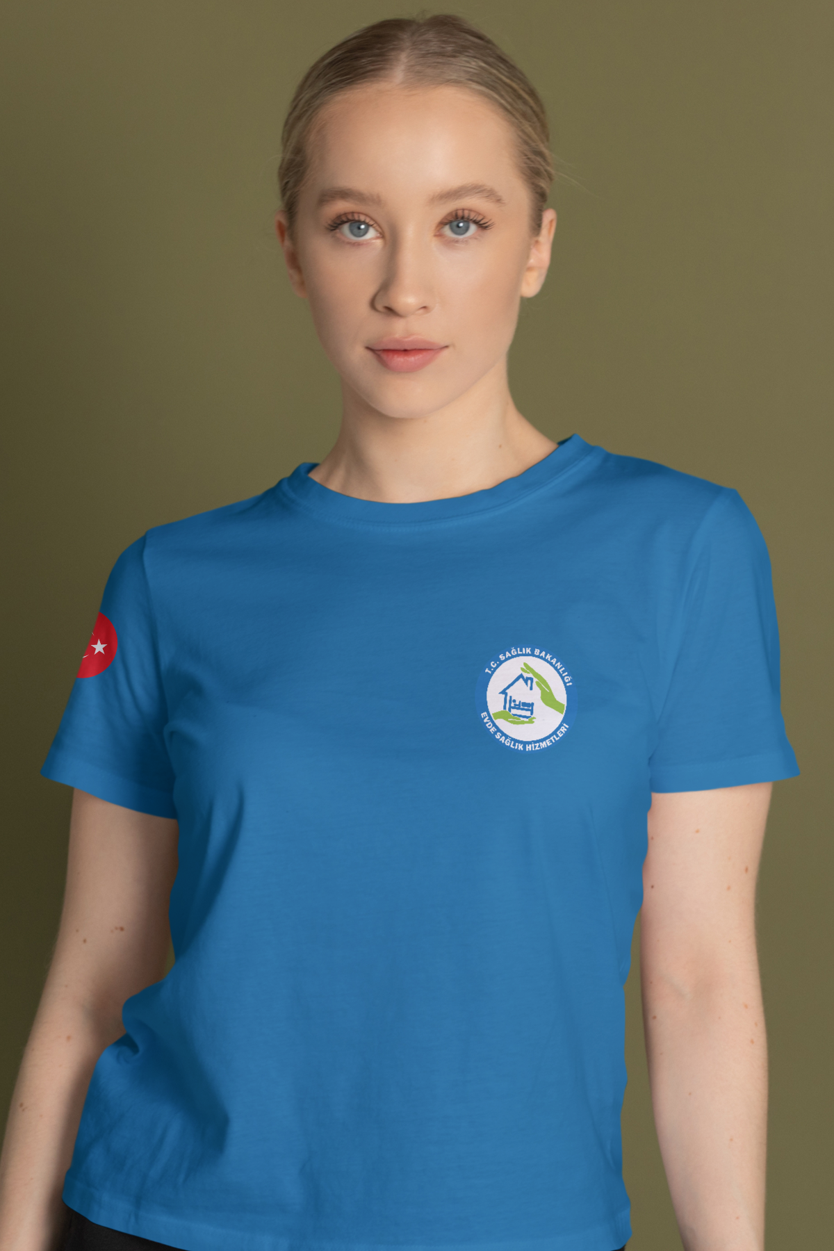 Turkuaz Evde Sağlık Baskılı Bisiklet Yaka Tişört Unisex