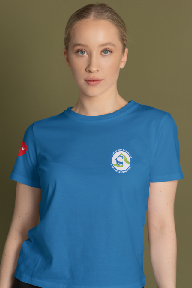 Turkuaz Evde Sağlık Baskılı Bisiklet Yaka Tişört Unisex