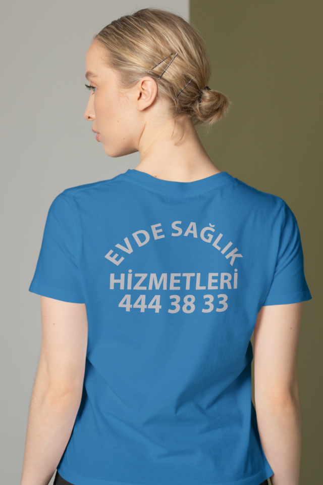 Turkuaz Evde Sağlık Baskılı Bisiklet Yaka Tişört Unisex