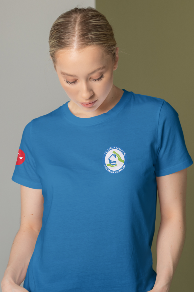 Turkuaz Evde Sağlık Baskılı Bisiklet Yaka Tişört Unisex