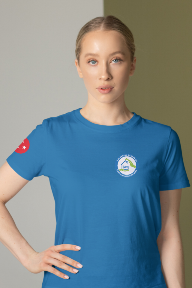 Turkuaz Evde Sağlık Baskılı Bisiklet Yaka Tişört Unisex