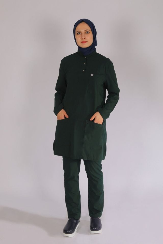 Ördek Yeşil Likralı Tesettür Scrubs Doktor Hemşire Forması Takım M