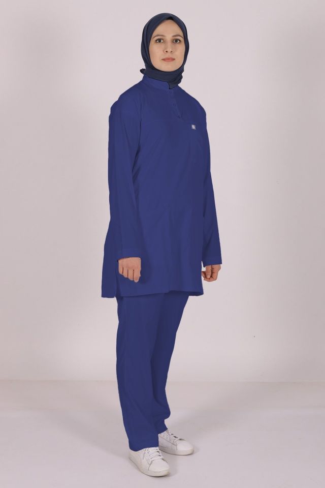 Fırtına Mavi Likralı Tesettür Scrubs Doktor Hemşire Forması Takım 2XL