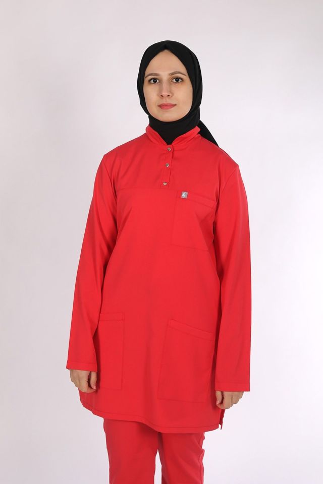 Nar Çiçeği Likralı Tesettür Scrubs Doktor Hemşire Forması Tek Üst M