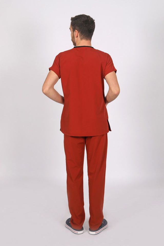 Kiremit Likralı Scrubs Doktor Hemşire Forması Yarasa Kol Takım