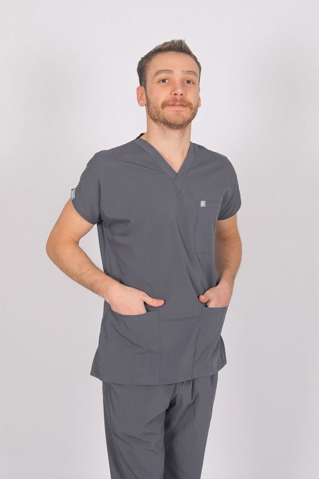 Füme Likralı Scrubs Doktor Hemşire Forması Yarasa Kol Takım