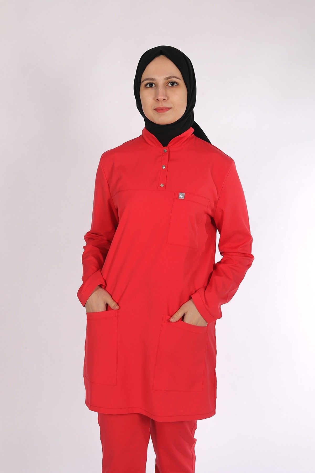 Nar Çiçeği Likralı Tesettür Scrubs Doktor Hemşire Forması Tek Üst 2XL