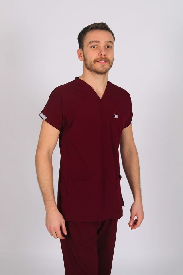 Bordo Likralı Scrubs Doktor Hemşire Forması Yarasa Kol Takım
