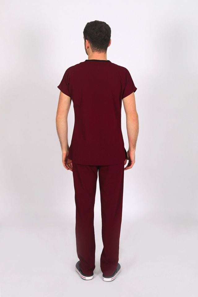 Bordo Likralı Scrubs Doktor Hemşire Forması Yarasa Kol Takım
