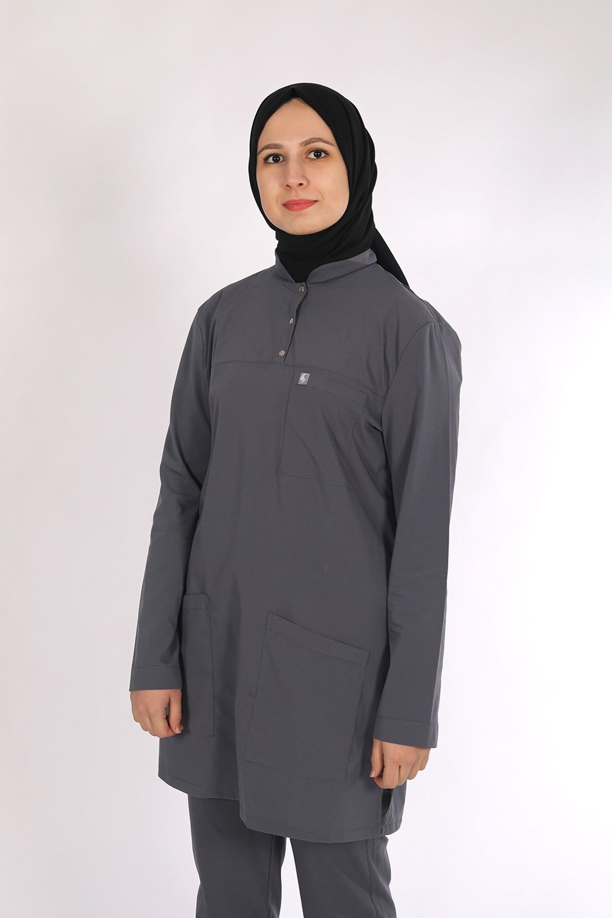 Füme Likralı Tesettür Scrubs Doktor Hemşire Forması Tek Üst S