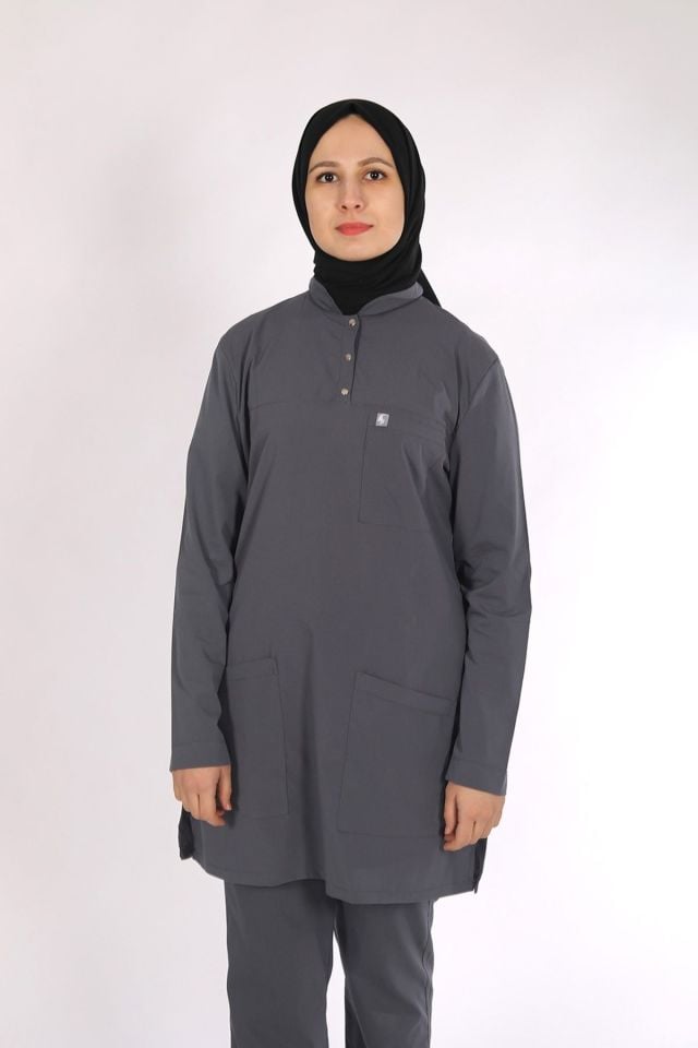 Füme Likralı Tesettür Scrubs Doktor Hemşire Forması Tek Üst S