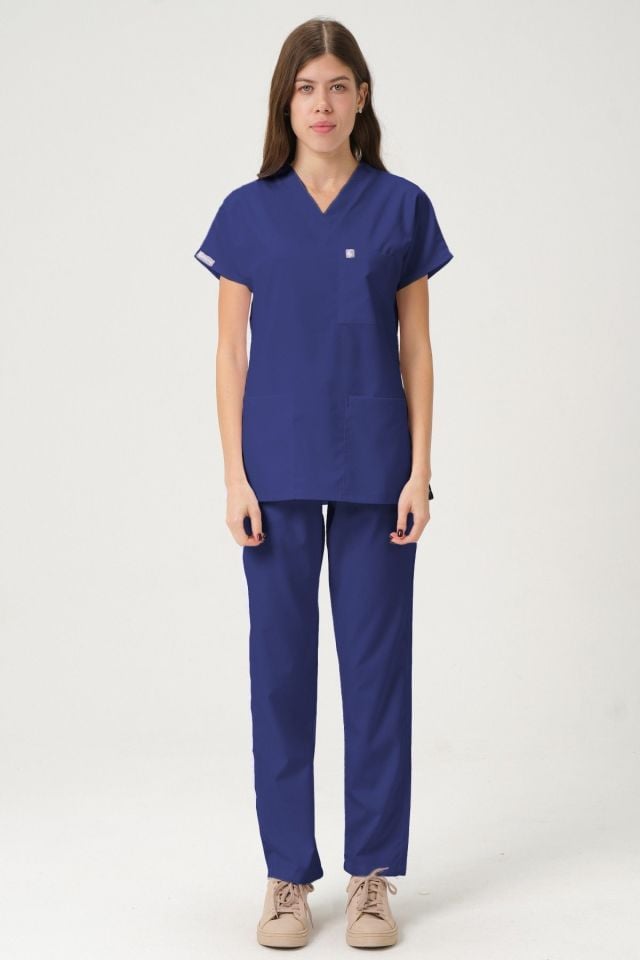 Fırtına Mavi Likralı Scrubs Doktor Hemşire Forması Yarasa Kol Takım Unisex
