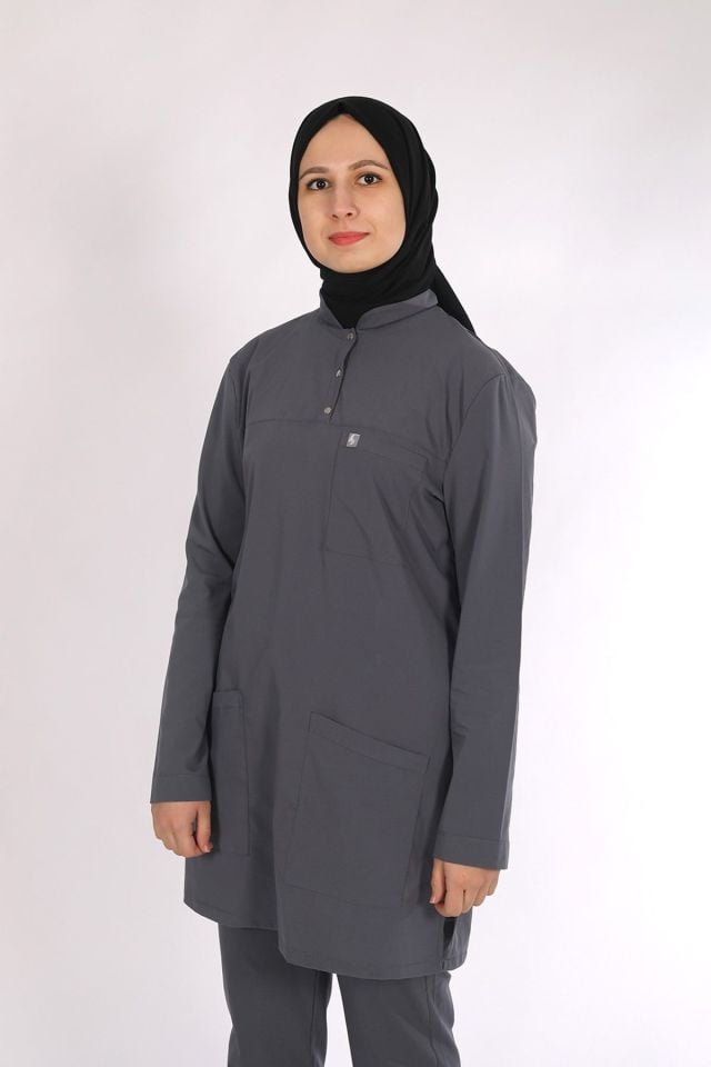 Füme Likralı Tesettür Scrubs Doktor Hemşire Forması Tek Üst M