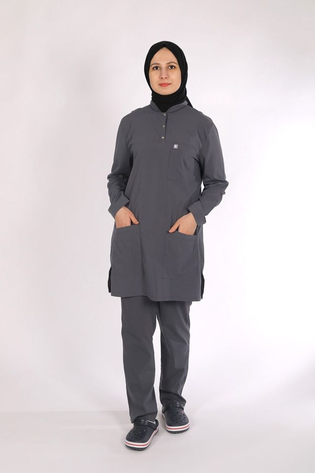 Füme Likralı Tesettür Scrubs Doktor Hemşire Forması Tek Üst 2XL