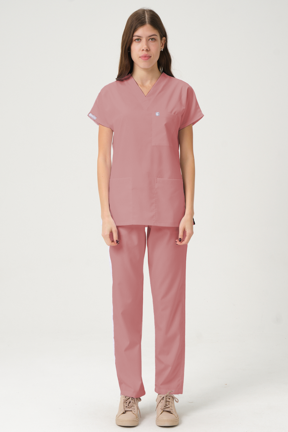 Gül Kurusu Likralı Scrubs Doktor Hemşire Forması Yarasa Kol Takım Unisex